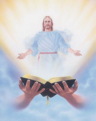 A pair of hands holding the Holy Bible and Jesus just above it