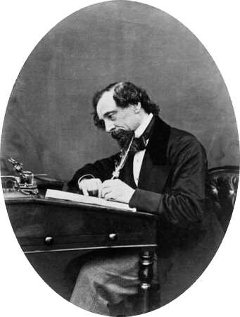 An image of Charles Dickens writing at a desk