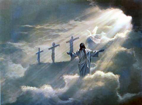 Jesus Christ in the clouds - with the 3 Crucifixion Crosses in  the background.