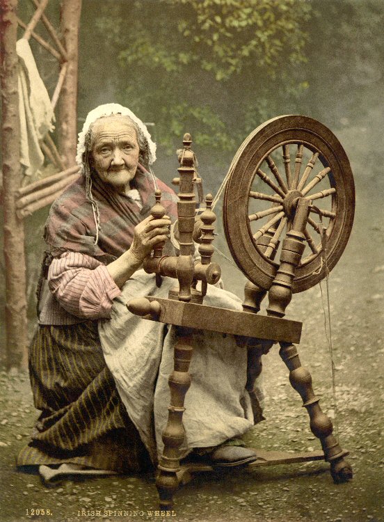An Old Irish Woman & Her Spinning Wheel
